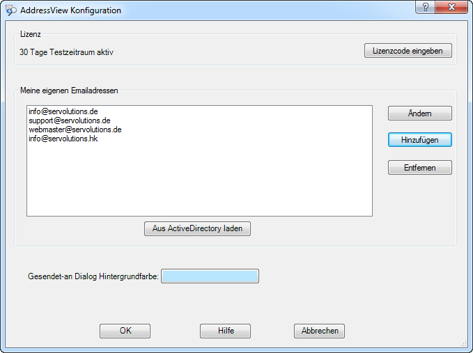 AddressView für Outlook Konfigurationsseite - klicken für volle Größe