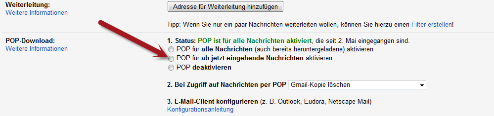 Google mail POP3 Einstellungen- klicken für größere Ansicht