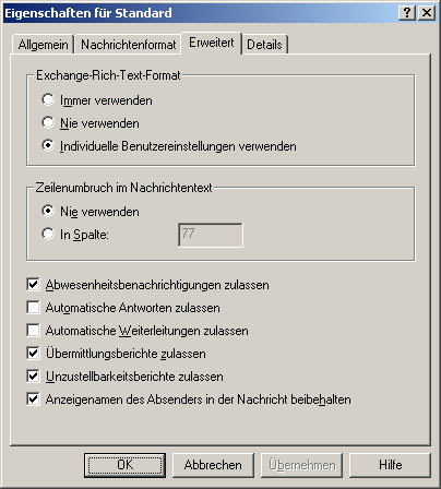 Screenshot Registerkarte Erweitert der Eigenschaften des Standard-Internetnachrichtenformats - klicken für größere Ansicht