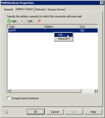 Exchange Sendekonnector Address Space Eigenschaften - hier klicken für Vollansicht