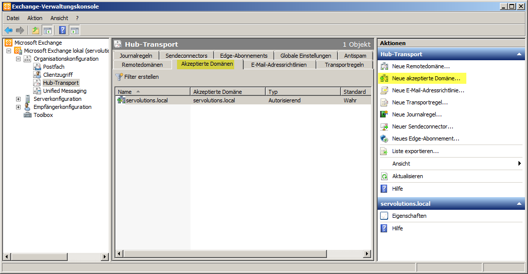Exchange 2007 Akzeptierte Domänen - klicken für größere Ansicht
