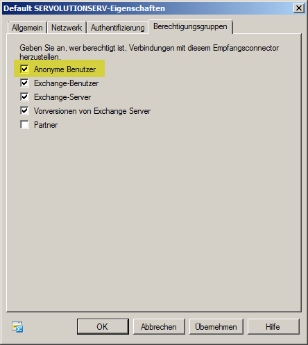 Exchange 2007 Empfangsconnector Berechtigungsgruppen - klicken für größere Ansicht