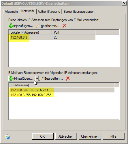 Exchange 2007 Empfangsconnector Netzwerk - klicken für größere Ansicht