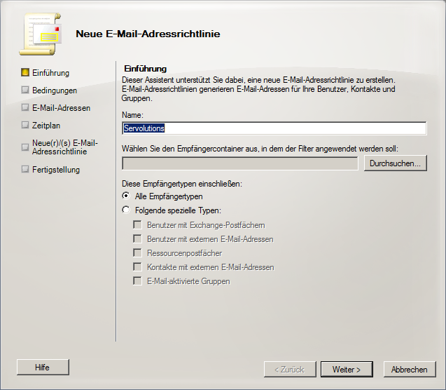 Exchange 2007 neue Empfängerrichtlinie - klicken für größere Ansicht