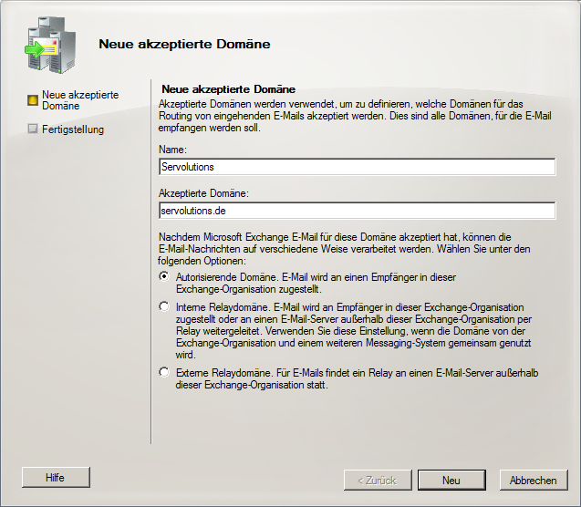 Exchange 2007 Neue akzeptierte Domäne hinzufügen - klicken für größere Ansicht