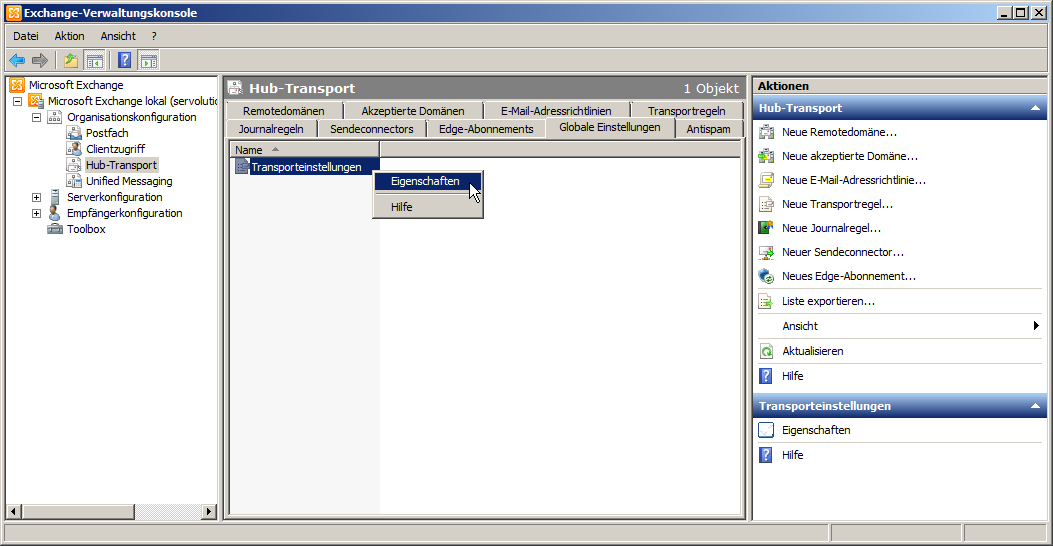 Exchange 2007/2010 Globale Einstellungen, Transporteinstellungen - hier klicken für volle Größe