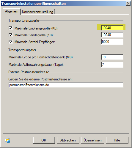 Exchange 2007/2010 Eigenschaften der Transporteinstellungen - hier klicken für volle Größe